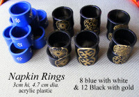 Napkin Rings, plastic 8 blue/white flowers+12 black/gold designs