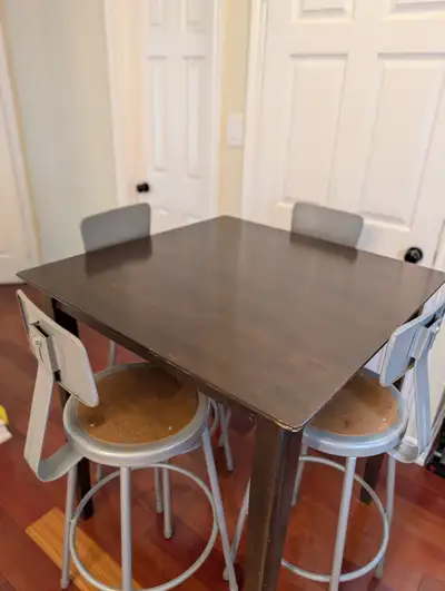 FREE: High-Top Wood Pub Table & 4 Metal Bar Stools Set, View more
