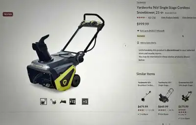 Yardworks 21-inch cordless snowblower in excellent condition, View more
