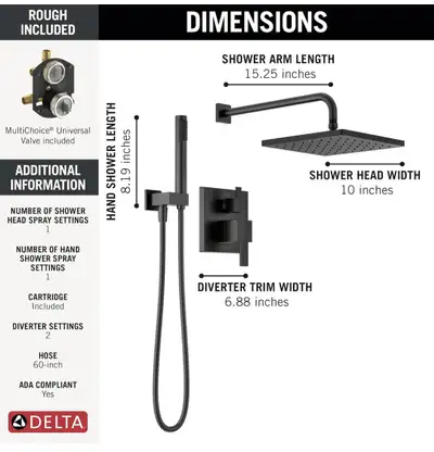 DELTA Modern Raincan Complete Shower System. Matte Black. New!, View more
