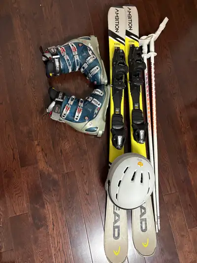 One set of Head downhill skis 140 cm, Nordica Alpine ski boots size 25.0-25.5 or 295mm, poles and ad...