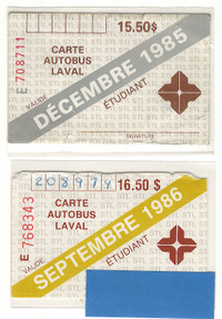 Anciennes Passes Mensuelle  de Métro et Autobus  Laval 1985-1986