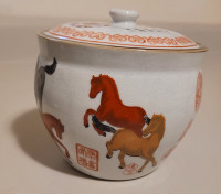 Vintage Very Rare Chinese Porcelain Lidded Jar with Horses