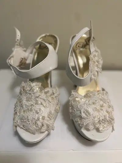 White Lace Pearl Sequin Platform Heels, View more