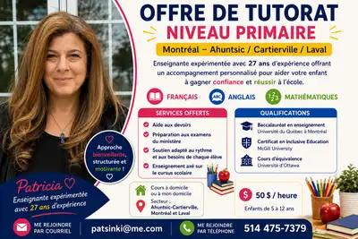 tutorat en français anglais et mathématiques au niveau primaire , View more