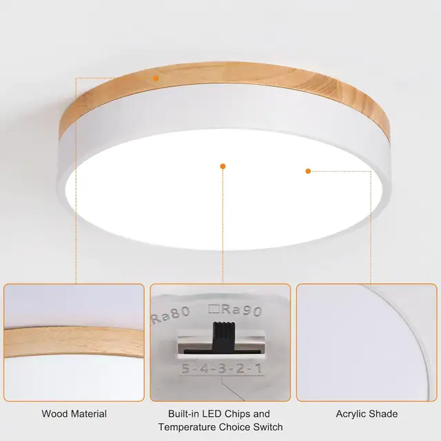 Dimmable Wood LED Ceiling Light, 2700K-6000K Round Flush Mount F in Indoor Lighting & Fans in Oshawa / Durham Region - Image 6