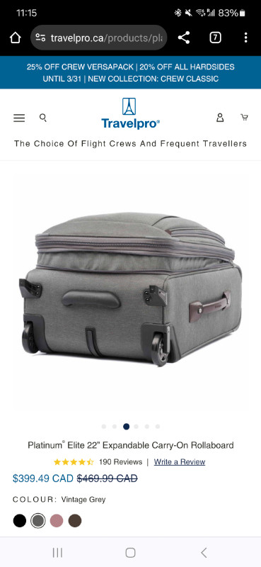 Travelpro Platinum Elite 22" Carry-On Luggage in Vintage Grey in Other in City of Toronto - Image 2