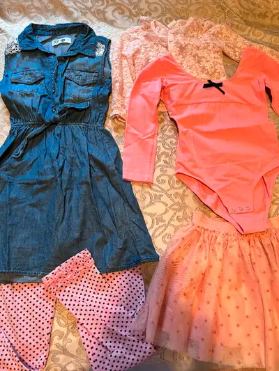 Girls clothes lot, including New pink Long Sleeve Leotard, ballet dress, with matching embroided car...