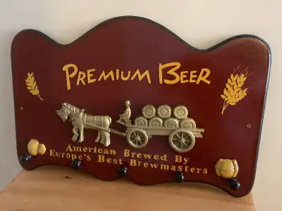 Vintage Wood beer bar sign Premium Beers hat hanger Features carved horses, carriage, barrels etc, v...