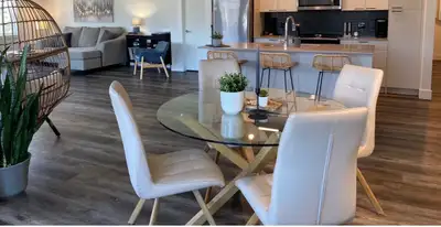 45" Dining Room Glass Table for sale Metal wood grain legs $150