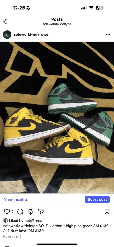 SOLD. Jordan 1 high pine green 8M $130 AJ1 New love 10M $180