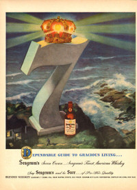 Large (10 by 14) 1947 full-page color ad for Seagram’s 7