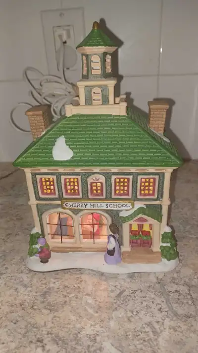9"T Vintage Cherry Hill School Lighted Christmas Village Bldg, View more