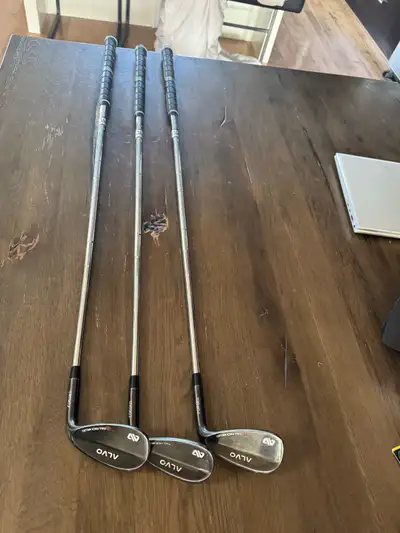 3 Wedges used one year. 52/56/60. ALVO with new golf pride grips. Steel shafts .
