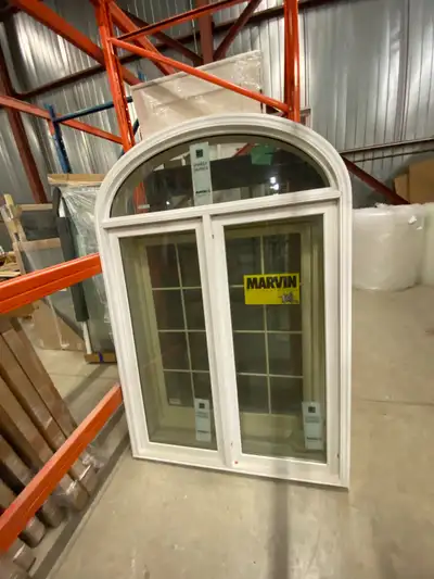 ODDSTOCK - FRENCH STYLE CASEMENT WINDOW ASSEMBLY - WITH ROUND TOP - WHITE ALUMINUM CLAD EXTERIOR - P...
