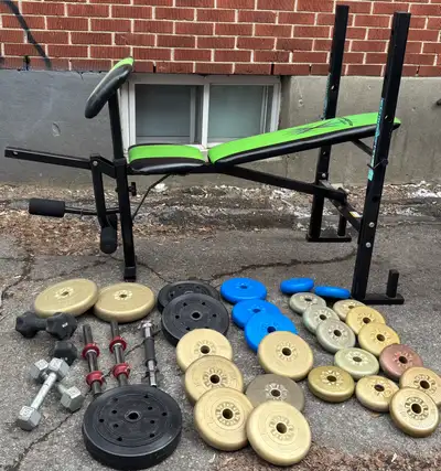 Used as is. Comes with Plastic Covered weights with some dumbbell bars. Bench adjusts to incline/fla...
