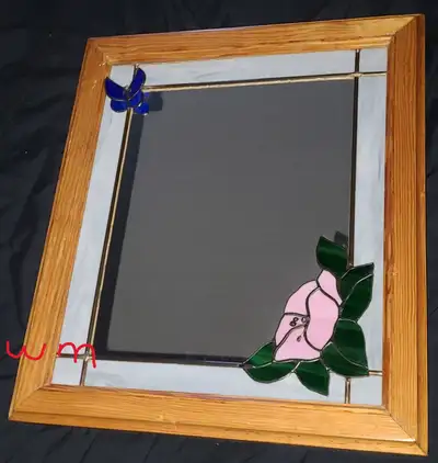 HANDMADE, MULTI-COLOURED STAINED GLASS MIRROR, FLOWER, BUTTERFLY, View more