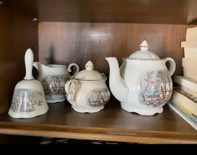 Courier and Ives Vintage Tea Set plus Dinner Bell, View more