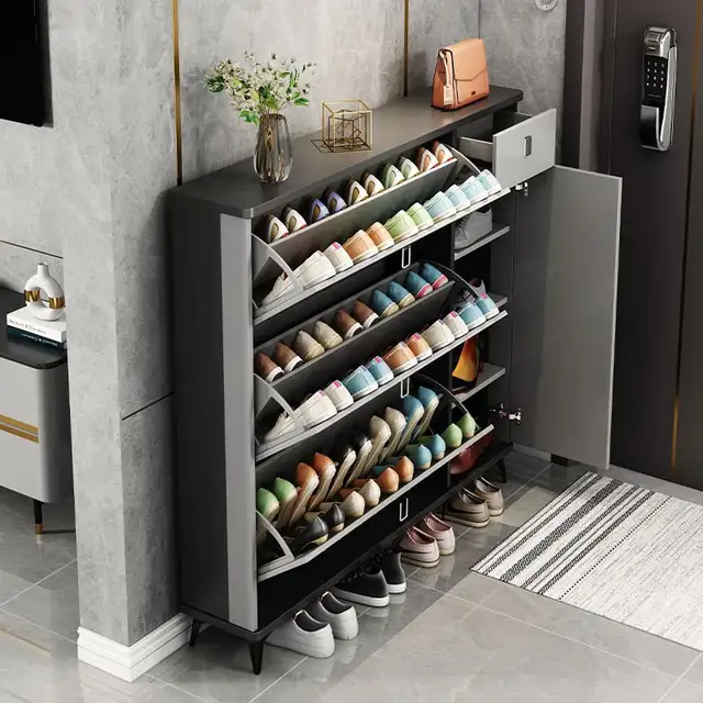 Slim Shoe Cabinet – Modern Entryway Storage Organizer Grey/White in Bookcases & Shelving Units in City of Toronto - Image 3