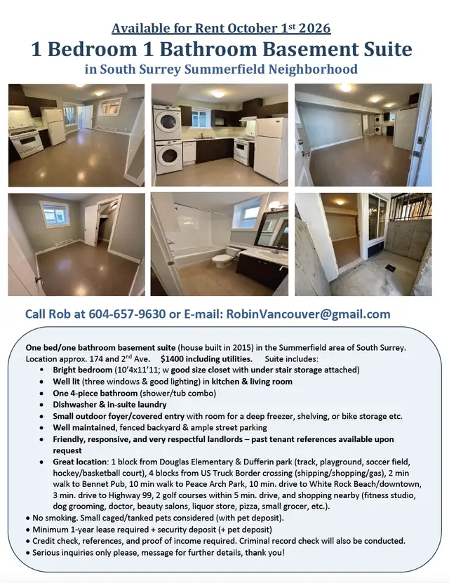 1 Bedroom + 1 Full Bathroom Suite for rent in South Surrey