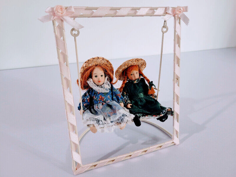 Mini Porcelain Girl Dolls w/ a Swing Set (Red Hair, Freckles) Arts