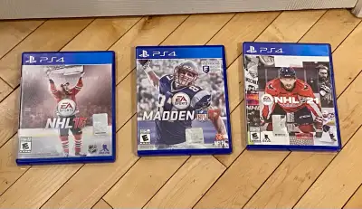 Selling a bundle of used PS4 games including NHL 16, Madden NFL 17, and NHL 18, all in good working...