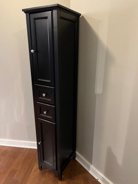 Black wooden cabinet, tall and thin, for bathroom or bedroom 