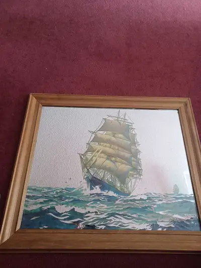 For sale Ship on Mirrored Glass. O'er the Deep Blue Sea by Frank Vining Smith 20in x 24in. Framed. $...