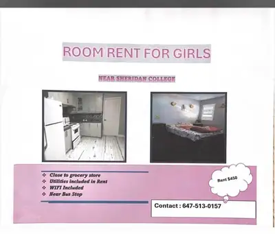 Room rent for girls on sharing basis near Sheridan College brampton . available from November 1st. *...