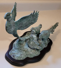 Antique RareHeavy Bronze Metal Pheasant Birds Sculpture WoodBase