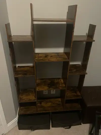 Rustic wooden bookshelf/display shelf with 2 storage bins, View more