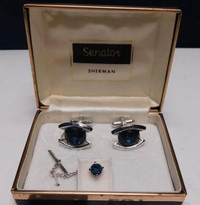 VINTAGE SHERMAN SENATOR CUFFLINKS + TIE PIN + ORIGINAL BOX