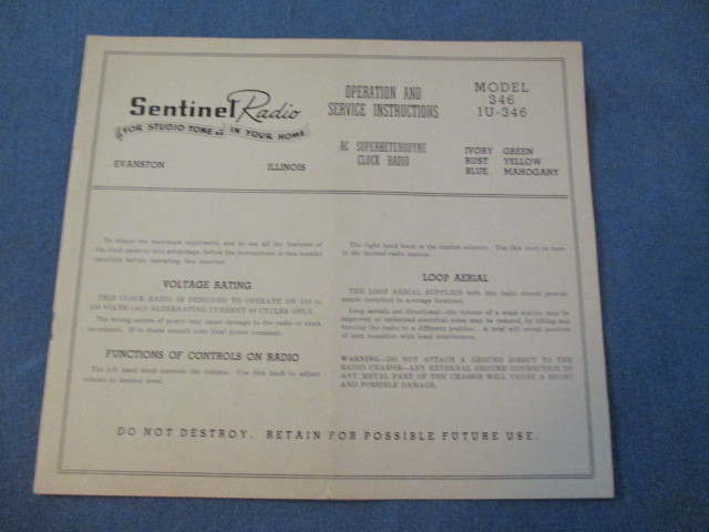 SENTINEL RADIO MODEL 346-OPERATION & SERVICE INSTRUCTIONS-1950'S dans Art et objets de collection  à Laval/Rive Nord
