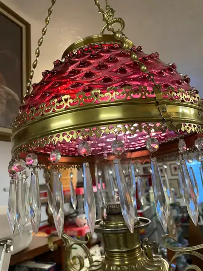 1920 era cranberry glass/ brass chandelier. From an old hotel., View more