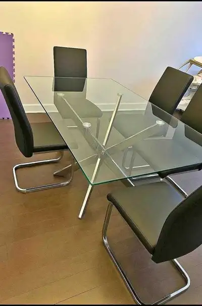 Dining Room Set Of 6 Leather Chairs And Rectangular Glass Table, View more