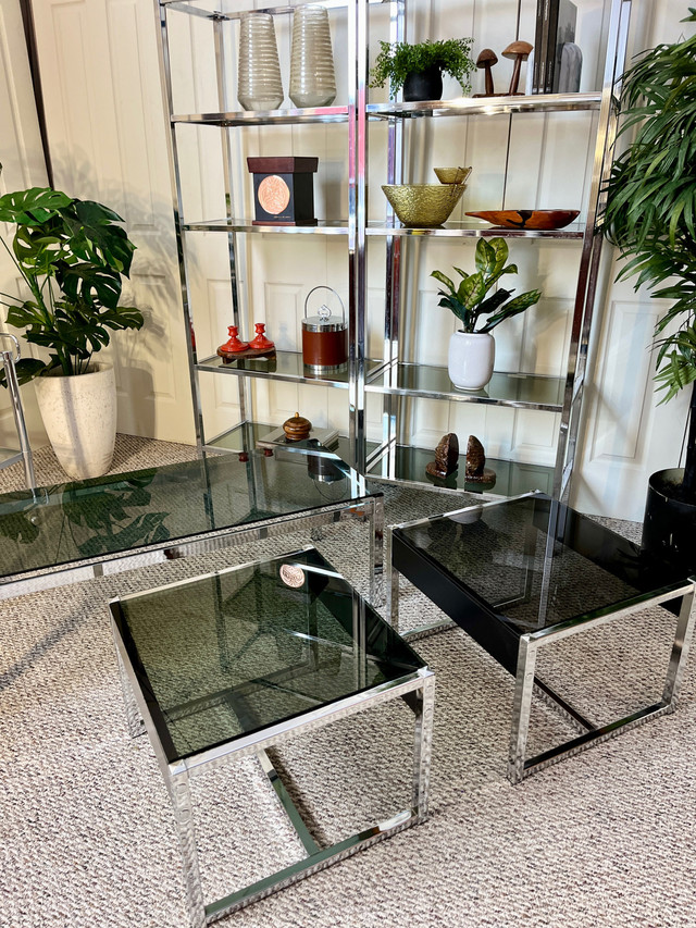 Vintage MCM Etagere Chome Smoked Glass 2 for $700  in Hutches & Display Cabinets in City of Toronto
