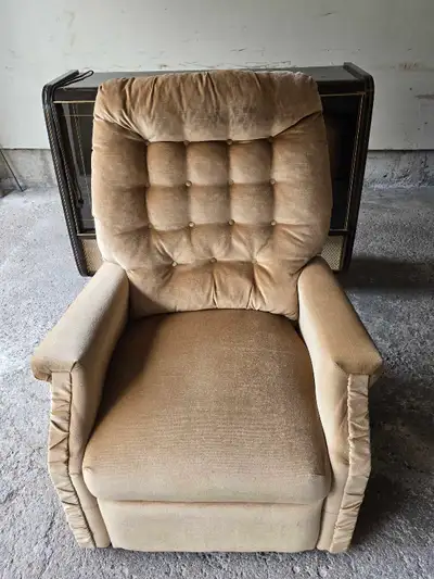 Tan Velour Recliner Chair with kickout Ottoman, View more