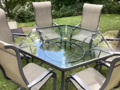 metal glass top patio dining table and 6 matching chairs, View more