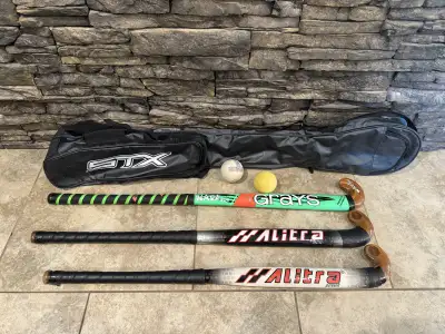 Field hockey sticks, bag, and balls, View more