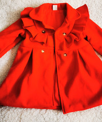 Toddler Baby Girl Red Double Breasted Pleat Detail Coat.