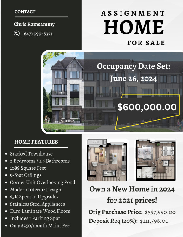 Assignment Sale - Cobourg Stacked Townhome (2Bdrm, 1.5Baths) in Condos for Sale in Kawartha Lakes