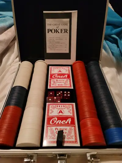 Poker Kit, in Aluminum Case, With Chips, Dice, Cards, and Rules
