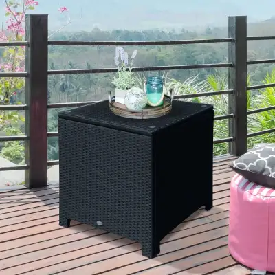 Rattan Side Table Wicker Coffee Table with Glass, Black Color , View more