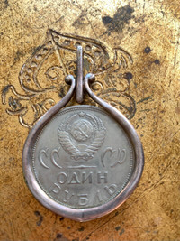 Vintage Estate Russian Coin in Solid Heavy PURE SILVER Pendant