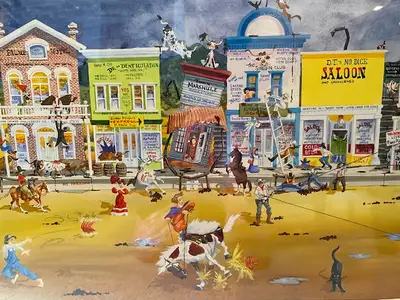 Artist Bonnie Shields framed original. Fun, western Colorado town theme. Titled "PAIRADICE, CO" and...