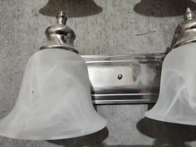 Two 3-Light Brushed Nickel and Marbled Glass Vanity Wall Light, View more