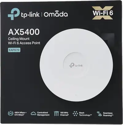 Brand new in box TP-Link Omada Business WiFi 6 AX5400 2.5G Ceiling Mount Access Point (EAP670). Supp...