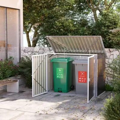 Outdoor Metal Storage Shed Garden Garbage Can Organizer with Double Door and Vents for 2 Trash Cans,...