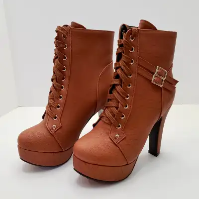 ForeMode Women’s High Heel Platform Boots Brown Size 7 or 7.5, View more