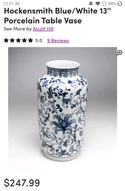 Hockensmith Blue and White 15'' Porcelain Table Vase Alcott Hill in Arts & Collectibles in Oshawa / Durham Region
